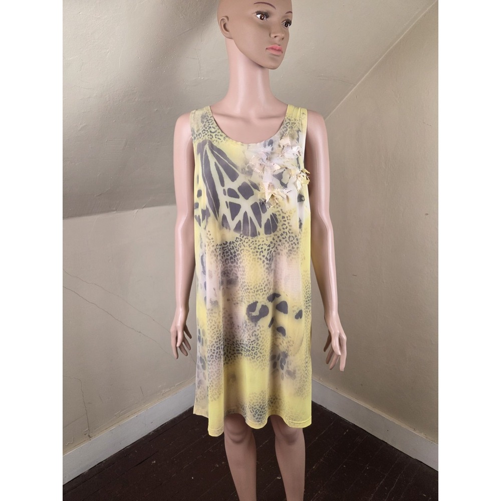 Blumarine Italy Yellow Butterfly Print Shift Dress Floral Applique US 12 EU 46